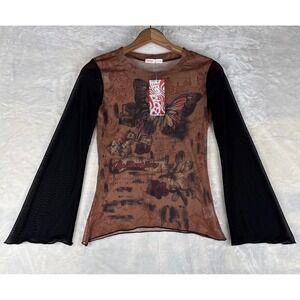 Romwe Top Small Fairy Grunge Bell Sleeve Hippie Whimsigoth Butterfly Y2K Sheer